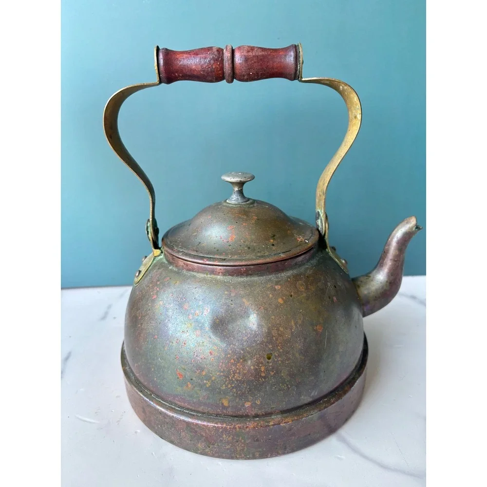 Vintage Copper Tea Kettle Vintage Brass Handle Wood Grip Primitive Rustic Decor